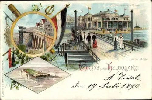 Litho Nordseeinsel Helgoland, Lästerallee, Konversationshaus, Aufzug