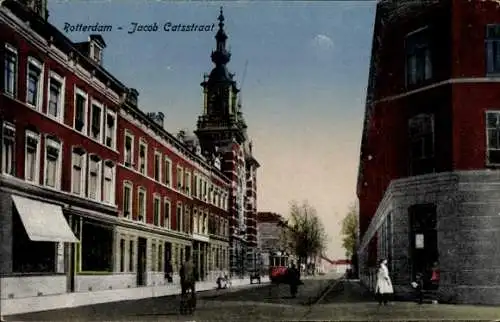 Ak Rotterdam Südholland Niederlande, Jacob Catsstraat, Straßenbahn, Turm