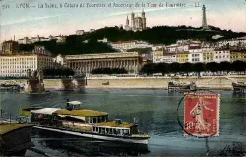Ak Lyon Rhône, La Saone, Coteau de Fourviere und Aufzug Tour de Fourviere