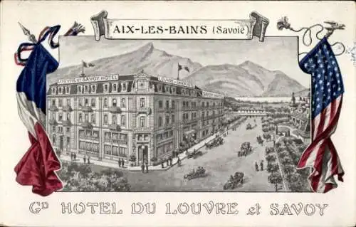 Litho Aix les Bains Savoie, Hotel du Louvre et Savoy