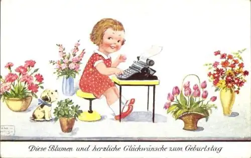 Künstler Ak Wills, John, Glückwunsch zum Geburtstag, Mädchen, Schreibmaschine, Blumensträuße, Hund