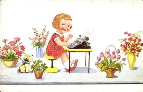 Künstler Ak Wills, John, Mädchen mit Schreibmaschine, Blumensträuße, Hund