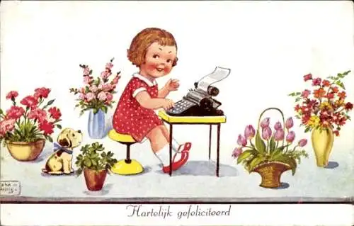 Künstler Ak Wills, John, Mädchen mit Schreibmaschine, Blumensträuße, Hund