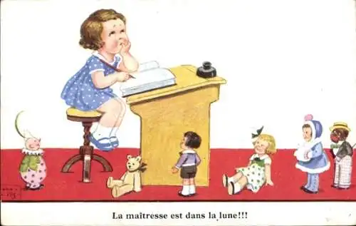 Künstler Ak Wills, John, Mädchen am Pult, Puppen, Teddybär