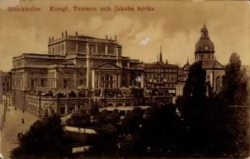 Ak Stockholm Schweden, kungl. Teatern och Jakobs kyrka