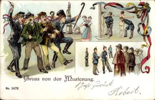 Litho Gruß von der Musterung, Rekruten, Abmessung