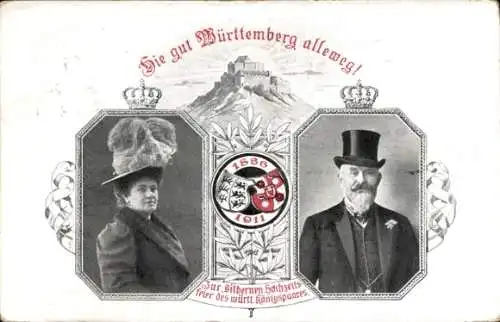 Ganzsachen Ak König Wilhelm II von Württemberg, Königin Charlotte, Silberhochzeit 1911