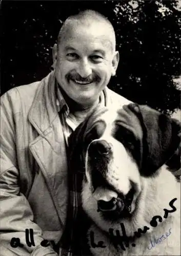 Ak Schauspieler Hans-Heinz Moser, Portrait mit Hund, Autogramm