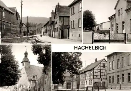 Ak Hachelbich Kyffhäuserland in Thüringen, Dorfstraße, Oberschulkombinat, Kirche, Gasthaus