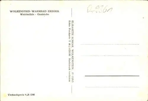 Ak Warmbad Wolkenstein in Sachsen, Waldmühle, Gaststube