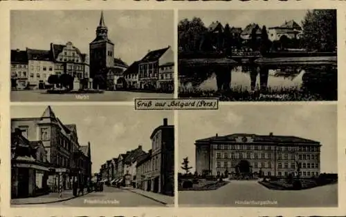 Ak Bialogard Belgard Pommern, Hindenburgschule, Markt, Friedrichstraße, Parkanlage