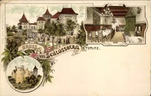 Litho Teplice Šanov Teplitz Schönau Region Aussig, Schlossberg, Restaurant, Ruine