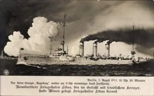 Ak Deutsches Kriegsschiff, SMS Augsburg, Kleiner Kreuzer, Funkspruch vom 02. August 1914, Libau