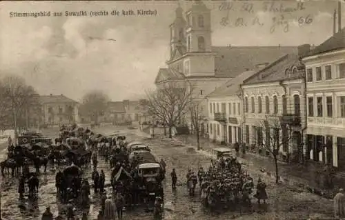 Ak Suwałki Suwalki Suwalken Ostpreußen, Straße, Katholische Kirche