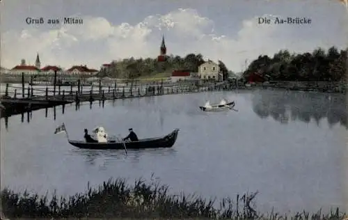 Ak Jelgava Mitau Lettland, Aa-Brücke, Ruderboot