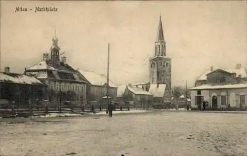 Ak Jelgava Mitau Lettland, Marktplatz, Kirche, Schneelandschaft