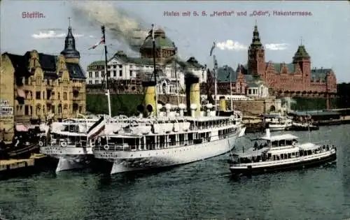 Ak Szczecin Stettin Pommern, Hafen, Salonschnelldampfer S.S. Hertha, Odin, Hakenterrassen