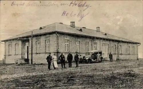 Ak Holoby Ukraine, Gebäude, Soldaten, Auto