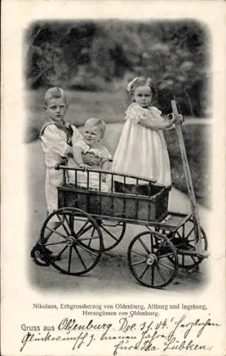 Ak Erbgroßherzog Nikolaus von Oldenburg, Herzoginnen Altburg und Ingeborg, Holzwagen