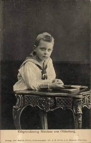 Ak Erbgroßherzog Nicolaus von Oldenburg, Kinderportrait in Matrosenhemd, am Tisch sitzend