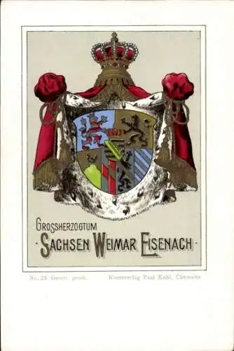 Wappen Litho Großherzogtum Sachsen Weimar Eisenach, Kunstverlag Paul Kohl, Chemnitz, No. 35