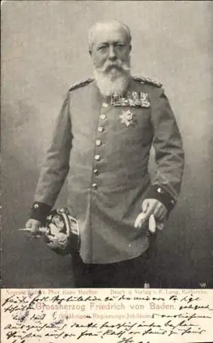 Ak Großherzog Friedrich I. von Baden, 50. Regierungsjubiläum, Uniform, Pickelhaube