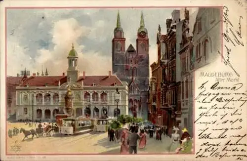 Künstler Litho Magdeburg an der Elbe, alter Markt, Kirche, Rathaus