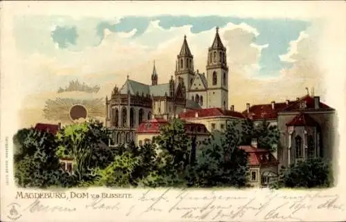 Sonnen Litho Magdeburg an der Elbe, Dom bei Sonnenschein