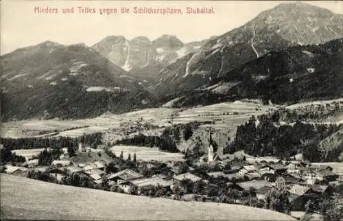 Ak Mieders im Stubaital Tirol, Blick über Mieders und Telfes gegen die Schlickerspitzen