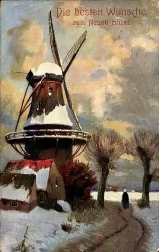 Ak Glückwunsch Neujahr, Windmühle, Straße, Bäume