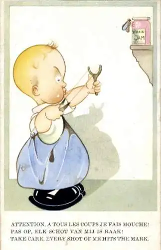 Ak Junge zielt mit einer Schleuder auf eine Fliege am Marmeladenglas