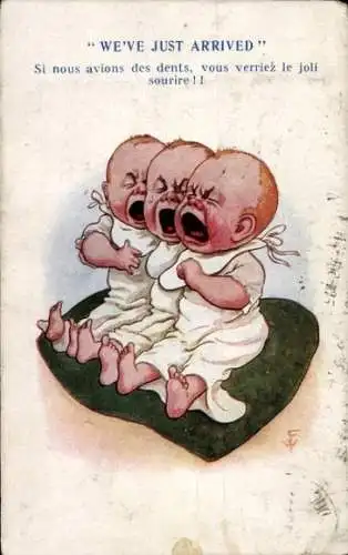 Künstler Ak Gerade angekommen, drei weinende Babys