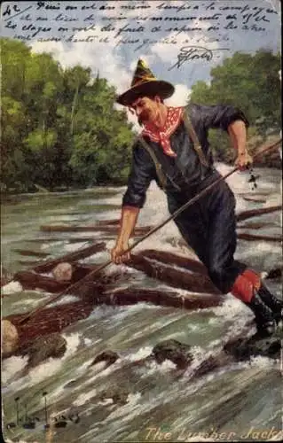 Künstler Ak Lumber-Jack, Holzfäller, Holzbalken, Fluss