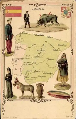 Wappen Landkarten Litho Spanien und Portugal, Trachten, Stierkampf