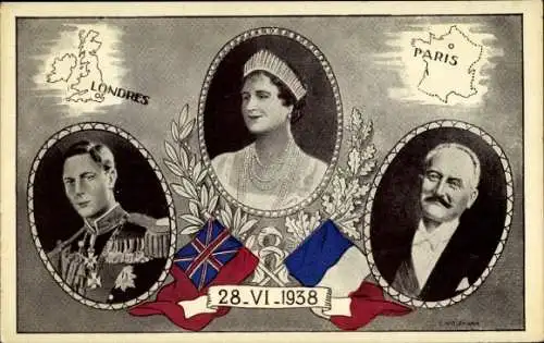 Ak König Georg VI., Königin Elizabeth Bowes Lyon, Präsident Albert Lebrun, 28.6.1938, London, Paris