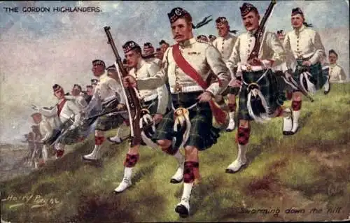 Künstler Ak Payne, H., Die Gordon Highlanders, Schwärmend den Hügel hinunter