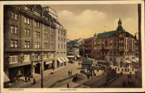 Ak Pforzheim im Schwarzwald, Leopoldsplatz, Straßenbahnen, Geschäfte