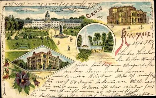 Litho Karlsruhe in Baden, Residenzschloss, Hoftheater, Kunstgewerbeschule