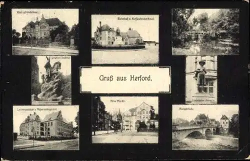 Ak Herford in Westfalen, Bahnhof, Kurfürstendenkmal, Kreisständehaus, Alter Markt, Brücke, Seminar