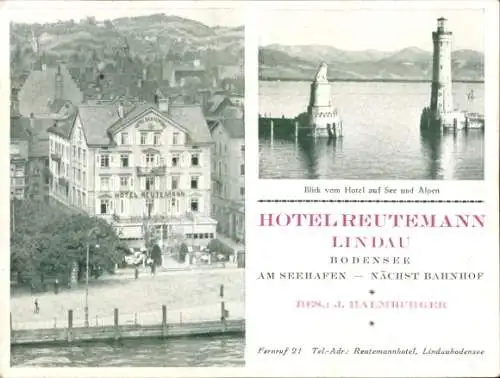 Ak Lindau am Bodensee Schwaben, Hotel Reutemann, See, Alpen, Blick vom Hotel, Leuchtturm