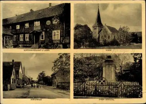 Ak Gardessen bei Cremlingen Niedersachsen, Schänkwirtschaft E. Goes, Kirche, Ehren-Denkmal