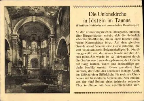 Ak Idstein im Taunus Hessen, Unionskirche, Innenraum, Fürstliche Hofkirche, nassauischer Kunsttempel