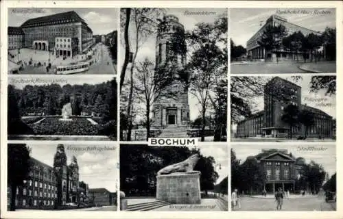 Ak Bochum im Ruhrgebiet, Bergbau-Museum, Handelshof, Hauptpost, Rathaus, Freibad, Haus Rechen