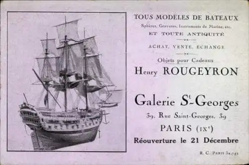 Ak Paris IX, Reklame, Modeles de Bateaux, Henry Rougeyron, Galerie St. Georges