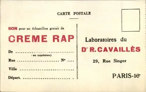 Ak Paris XVI, Laboratoires du Dr. R. Cavailles, Creme Rap