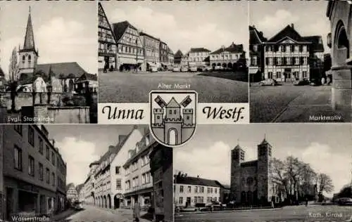 Ak Unna in Westfalen, Wappen, Alter Markt, Marktmotiv, Evangelische Stadtkirche, Wasserstraße