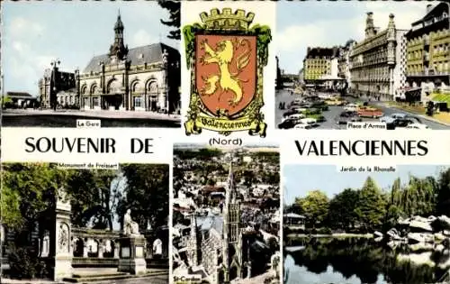 Ak Valenciennes Nord, Place d'Armes, Gare, Cathedrale, Wappen