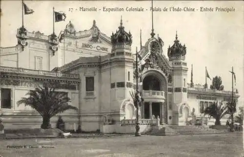 Ak Marseille Bouches du Rhône, Exposition Coloniale, Palais de l'Indo-Chine, Entree Principale