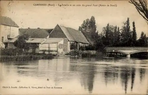 Ak Garennes Eure, La Scierie und eine Ecke des Grand Pont