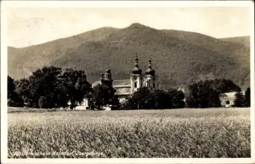 Ak Hejnice Haindorf Reg. Reichenberg, Klosterkirche, Weizenfeld, Berge